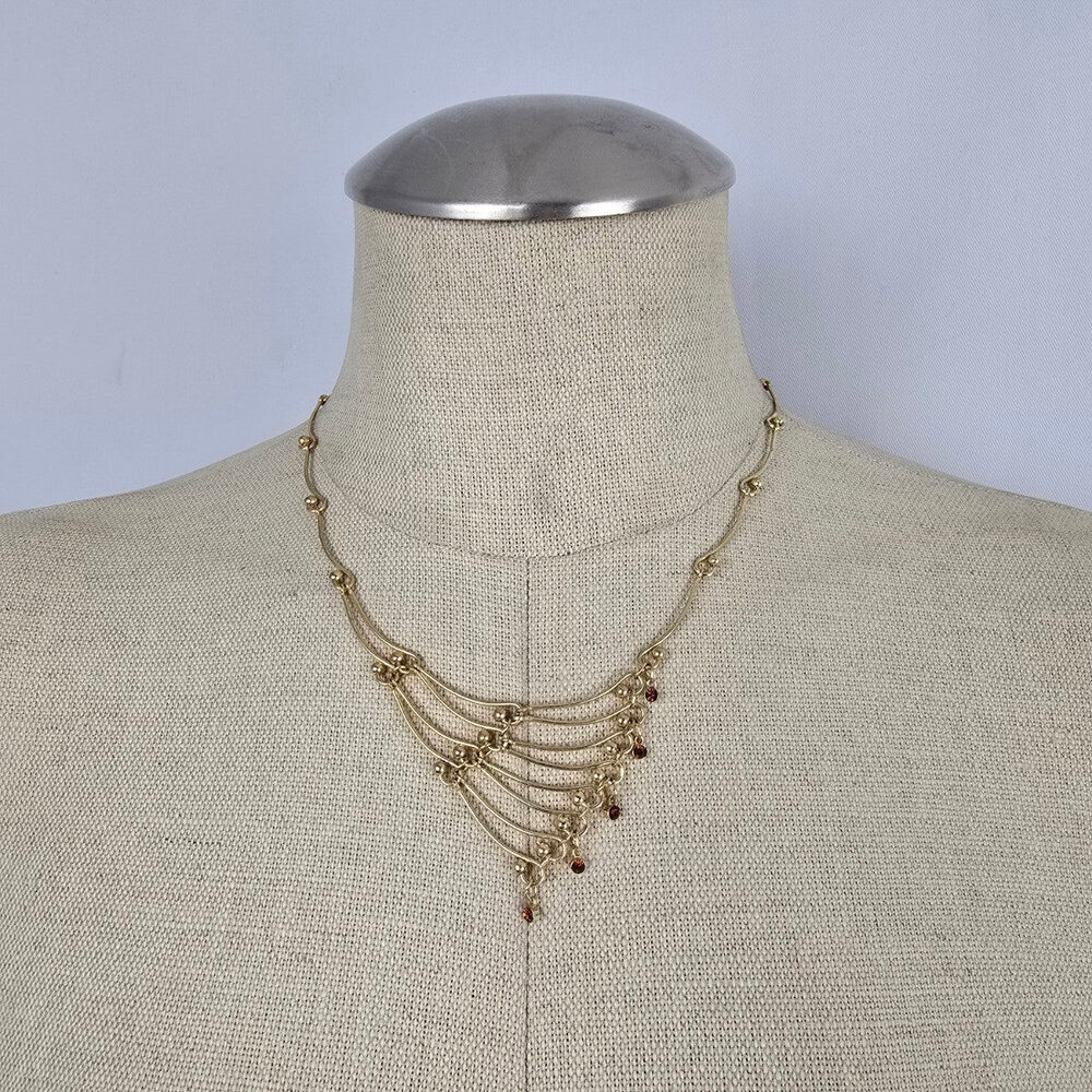 Vintage Gold Tone Brown Crystal Asymmetrical Necklace